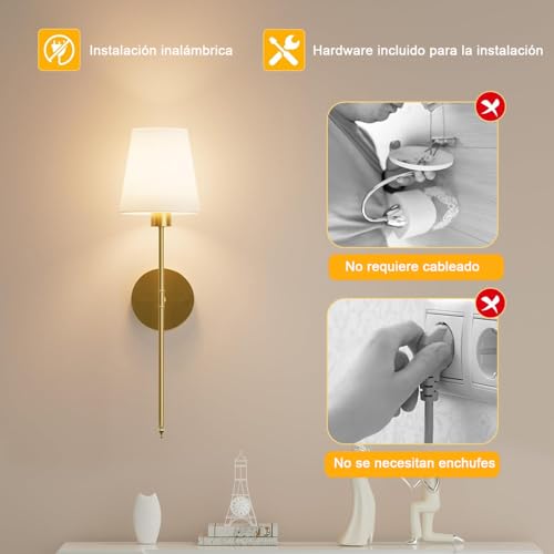 2 PCS lámparas de pared recargables, bombillas regulables desmontables y control remoto, 15 colores Aplique de pared inalámbricas para dormitorio Salón Pasillo (oro)