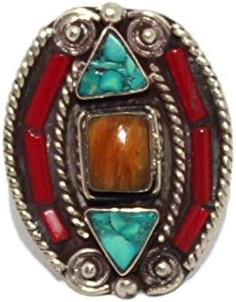 Amber Ring, Turquoise Ring, Coral Ring, Lapis Ring, Tibetan Ring, Nepal Ring, Gypsy Ring, Boho Ring (8.5)