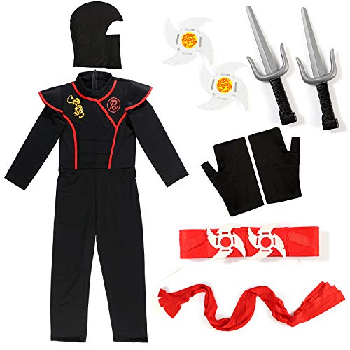 Kids Ninja Costume with Ninja Daggers and Throwing Stars Red Black Ninja Outfit Halloween Role Play for Boys & Girls(L)