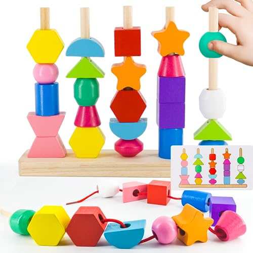 Montessori Toys for 13 Year Old Toddlers, Stacking Blocks & Lacing