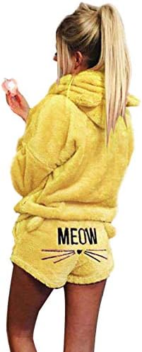 SEENFUN Women’s Pajamas Cozy Sleepwear Fleece Meow Embroidered Hoodie Pj Set