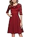 Women's Vintage Floral Lace Cocktail Party Knee Length Dress with 3/4 Sleeves Burgundy