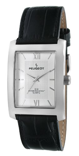 Peugeot Men's 2033SL Silver-Tone Black Leather Strap and Silver Dial Watch