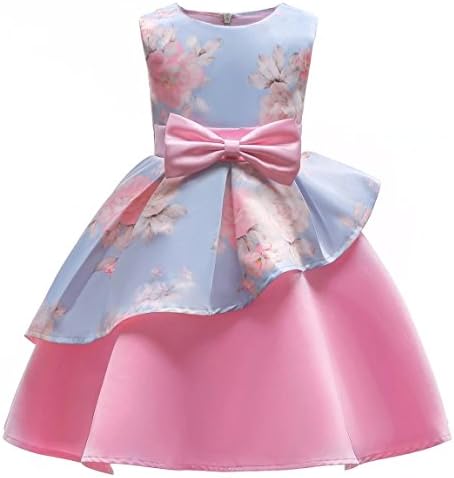 Oukaiyi Litter Big Girl Dress Princess Gowns Bow Party Wedding Dresses(Flower-Pink 2-3Y)