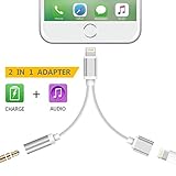 Lightning adapter for iPhone 7 / 7 Plus, Verchy 2 in 1 Lightning to 3.5mm Headphone Jack Adapter audio / Charging cable(iOS 10.3)-Silver