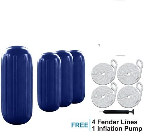 Marine and Rv Direct 4 Boat Fenders Vinyl Ribbed Bumper Dock Shield Protection, Includes Fender Lines & Pump to Inflate (Blue Fender White Line, 8" X 20)