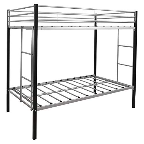 Twin Over Twin Size Bunk Bed Metal Frame with Ladder for Teens Dorm Bedroom (Black+Silver) - Thumbnail 3