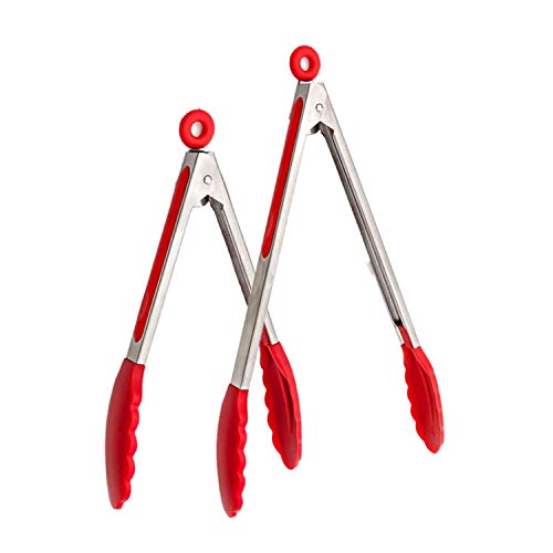 INeibo Kitchen Premium Silicone Tongs - Pack Of 2, 9”and 12” - Non-slip & Easy Grip Stainless Steel Handle - Smart Locking Clip - Heat Resistant, Food Grade - Handy Utensil For Cooking, Serving, Barbecue, Buffet, Salad, Ice, Oven (red)