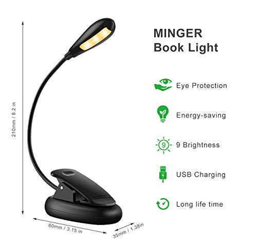MINGER 7 LED Book Light Reading Light 9 Level Warm White & Cool Eye-Care Reading Lamp Rechargeable Easy Clip on,Up to 60 Hours,Light for Books in Bed. Perfect for Bookworms & Kids