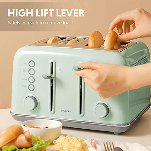 BUYDEEM DT640 4-Slice Toaster, 7 Shade Settings, Extra Wide 1.5’’ Slots for Bagel & English Muffin, 6 Toasting Functions, Retro Stainless Steel Toaster with High Lift Lever, 1800W, Cozy Greenish