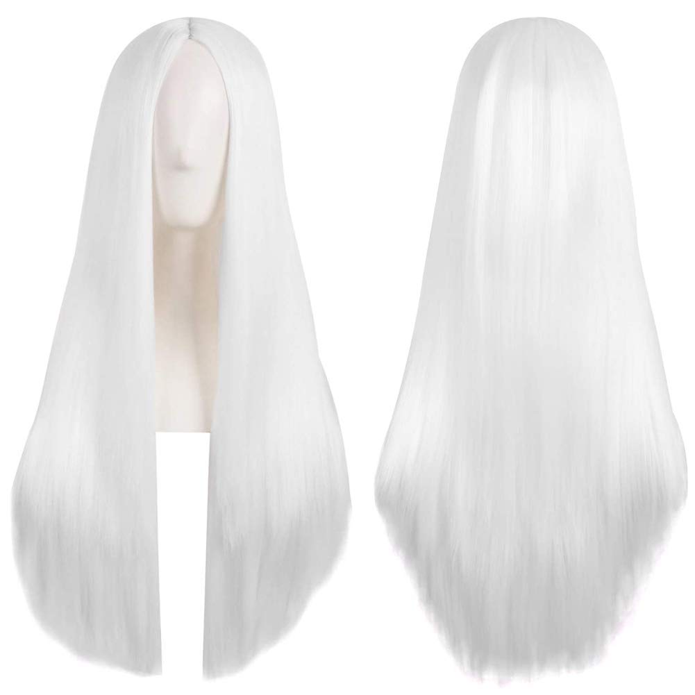 Colorful panda White Long Wigs for Women Long Straight Synthetic Hair Wig Middle Part for Party Cosplay Halloween Anime