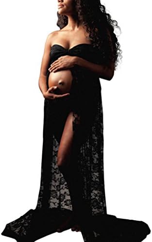 Sunday dress for Pregnant Women Lace Ankle Length Photography Maternity Dress Women Pregnants Off Shoulder Sleeveless Photo Shoot Props Pregnancy Maxi Dresses (L Black)