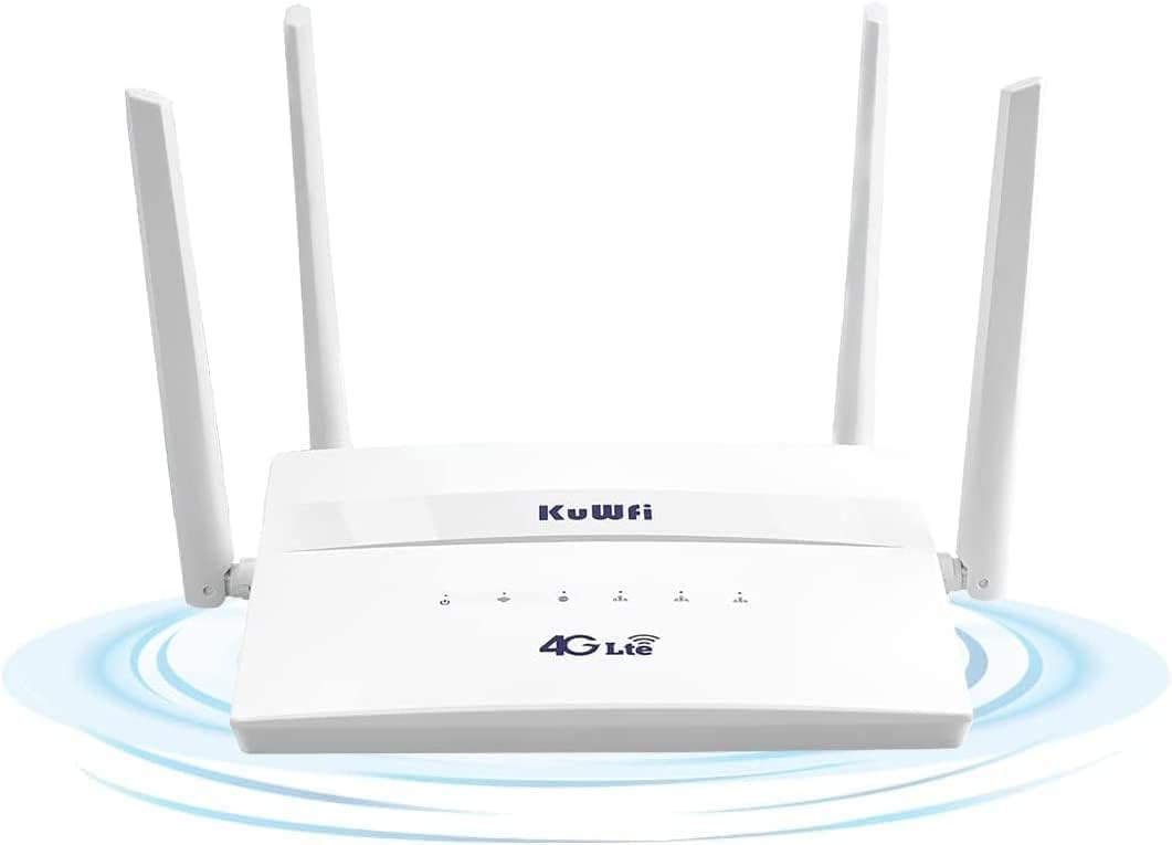 KuWFi Dual Band 4G Router with SIM Slot, 750Mbps Modem Router with SIM Card, 2 LAN Ports, 4 High Gain Antennas, WiFi Modem with VPN, APN, FDD and TDD, SIM Plug&Play, Up to 32 User, Home/Office