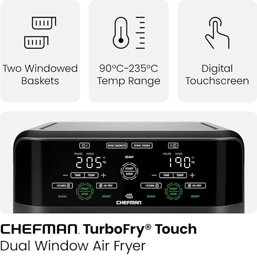 CHEFMAN 5.6L Dual Air Fryer Oven, Dishwasher Safe Frying Baskets, Double Air Fryer with Sync Finish, Hi-Fry, Auto Shutoff and Easy View Windows, Black