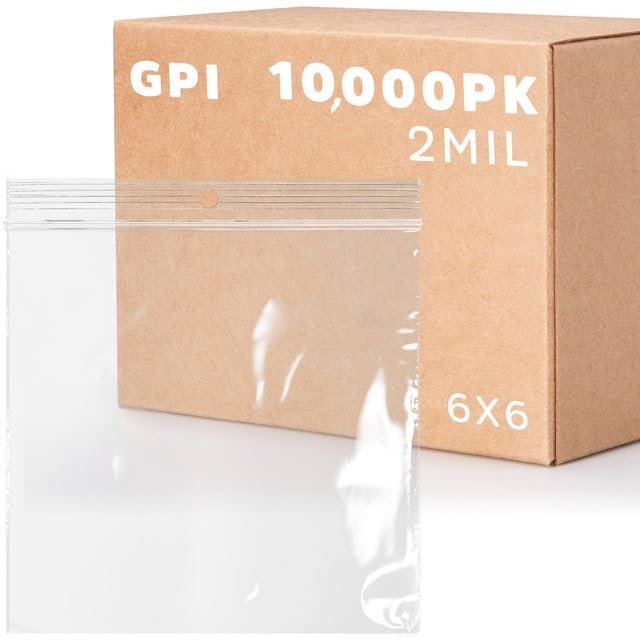GPI - 6" x 6" - Case of 10,000, 2 Mil thick, Clear Plastic Reclosable Zip Bags, Hang Hole For Display, Durable Poly Baggies with Resealable Zip Top Lock for Storage, Packaging & Shipping Image