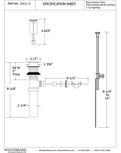Westbrass D412-12-26 Pop-Up Lavatory Drain Without Overflow Holes-Exposed, Polished Chrome