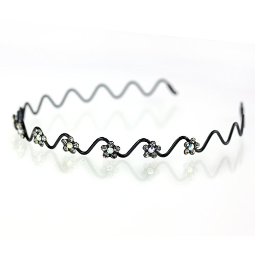 DoubleAccent Hair Jewelry Wavy Wire Headband with Crystal Flowers Black Color