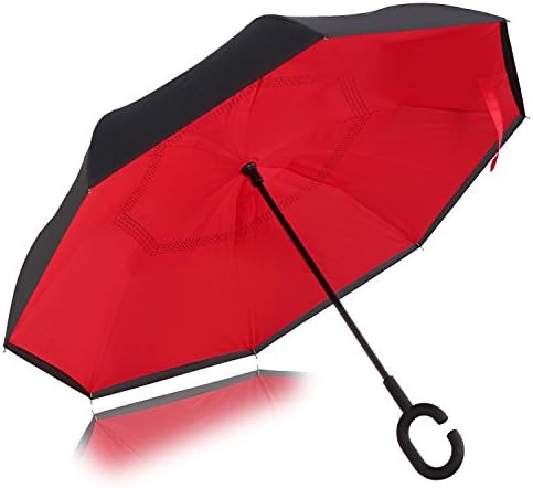 Strawberry Double Layer Wind-Proof, UV Proof Reverse Folding Inverted Umbrella Travel Umbrella with 'C' Shape Handle and Carrying Bag, Red