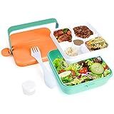 Salad Lunch Container, BPA Free Lunch Box with Large 54-oz Salad Bowl, 4-Compartment Bento-Style Tray, 3-oz Sauce Container and Built-In Reusable Fork (Orange & Green)