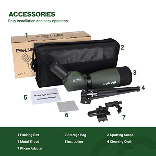 ESSLNB Spotting Scope with Tripod Phone Adapter BAK4 Prism 25-75 X 70 Angled Waterproof Spotting Scopes for Target Shooting Bird Watching Hunting - Thumbnail 6