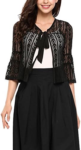 Women's Bell Sleeve Sheer Crochet Lace Cropped Bolero Shrug Loose Fit Cardigan