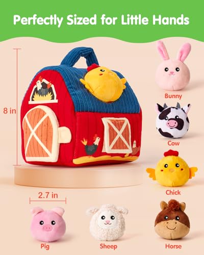hahaland Montessori Baby Toys 6-12 Months - Surprise Barn with Stuffed Farm Animals Toys for Babies with Rattle & Mirror, Sensory Toys for Babies Boy Girl, Travel Toys for Toddlers 1-3