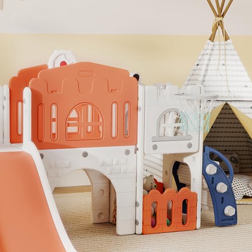 Qaba Toddler Slide, 9 in 1 Slide for Kids with Basketball Hoop, Climber, Telescope, Tunnel, Steering Wheel, Aisle, Storage Baskets, Indoor Slide Playset for 1-3 Years, Orange