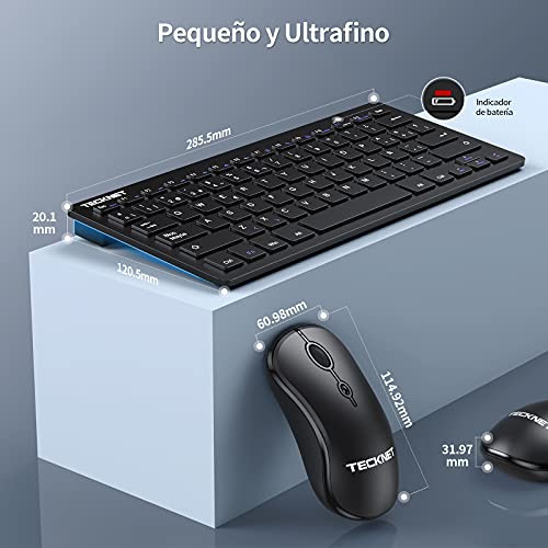 TECKNET Silent Wireless Keyboard, Mini Ergonomic Keyboard and Mouse Ultra Thin, Working Distance of 15 M, 2.4G Mini Portable Keyboard for PC/Smart TV/Computer (Spanish, with Ñ)