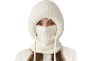 Beanie Hat for Women, 3 in 1 Winter Hat Scarf Mask Set with Pompom, Windproof Plush Lined Knit Hats for Cold Weather (1pc)