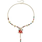 Dtja 18 inch Xmas Jingle Bell Pendant Necklace for Women Red Green Gold-Toned Ball Beads Tassel Chain Drop Y Choker Necklaces Adjustable Fashion Christmas Holiday Festival Ornament Jewelry