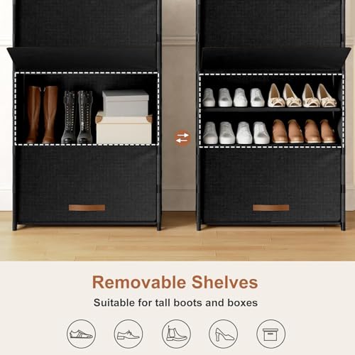 Shoe Rack, 7 Tier Shoe Storage Cabinet with Door 28 Pair Plastic Shoe Shelves Organizer for Closet, Entryway, Hallway, Bedroom, Black