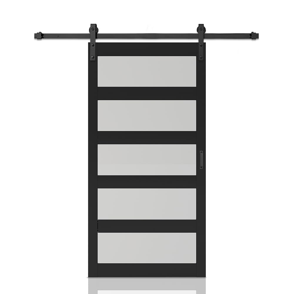 Photo 1 of 48 in. x 84 in. 5 Lite Tempered Frosted Glass Black Finished Composite Interior Sliding Barn Door with Hardware Kit