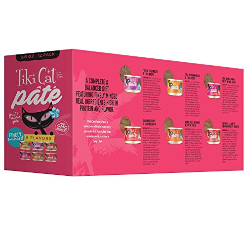 TIKI CAT GRILL PÂTÉ VARIETY PACK, COMBINATIONS OF REAL FLAKED FISH, WET HIGH-PROTEIN & HIGH-MOISTURE CAT FOOD, 2.8 OZ. CANS (PACK OF 12)