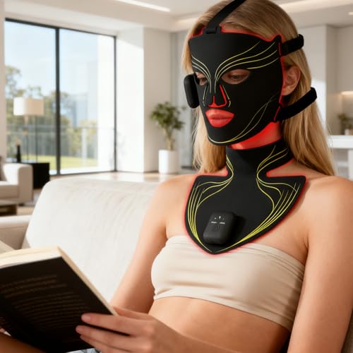 Hottoerak Red & Blue Light Mask for Face & Neck Set, Wireless Rechargeable Near-Infrared LED Face Mask for Home & Travel