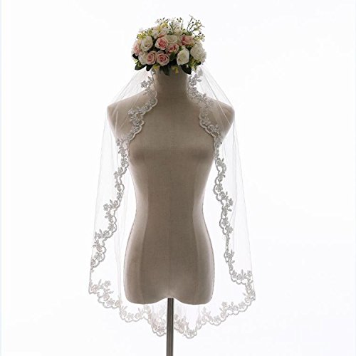 1 Tier Short Wedding Bridal Veil with Comb Lace Applique Edge Fingertip Length