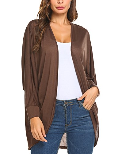 Jeere Women's Casual Open Front Loose Long Sleeve Batwing Cardigan Sweater (Large, Brown)