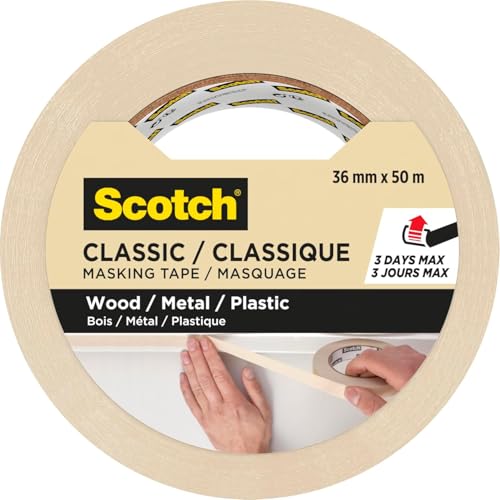 Scotch Ruban de Masquage de Peinture Classic, 36 mm x 50 m, Ruban de Masquage Beige pour Travaux de Peinture et de Rénovation