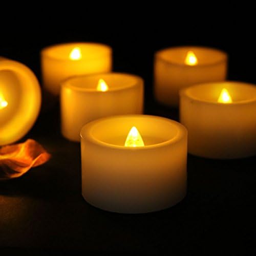 Real Wax Flameless Candles With Timer, Set of 6, Battery Operated Amber Yellow Flickering Small Unscented Votive Christmas Wedding Holiday Party Decorative Tealights