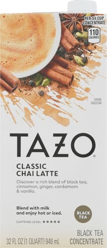 TAZO CLASSIC CHAI LATTE, BLACK TEA CONCENTRATE, EASY-TO-SERVE CAFFEINATED CHAI TEA FOR EVERYDAY LATTES, MOCKTAILS AND HOT OR ICED, 32 OZ CARTON