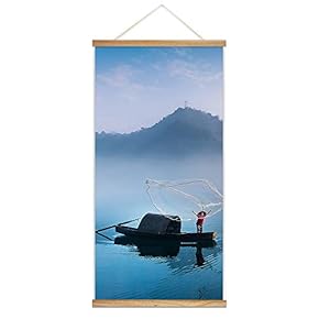 Hanging Poster with Wood Frames - Fisherman Casting a Net on a Boat on a Peaceful Lake - Ready to Hang Decorative Wall Art - 18"x36"
