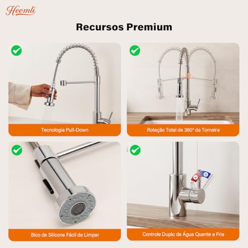Heemli Torneira Cozinha Gourmet Monocomando Aço Inox Com Spray Extensor,Torneiras Misturadoras de água Quente e Fria,Dois Modos de Distribuição de água（Jatos de água e chuveiros） (Prata)