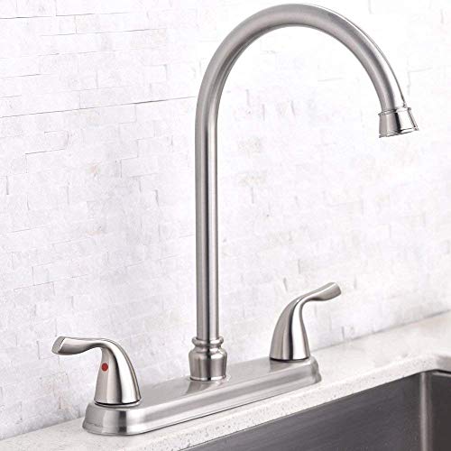 Hotis Commercial Stainless Steel Lead-Free Two Lever Two Hole Gooseneck High Arc Two Handle Kitchen Sink Faucet, Brushed Nickel Kitchen Faucet