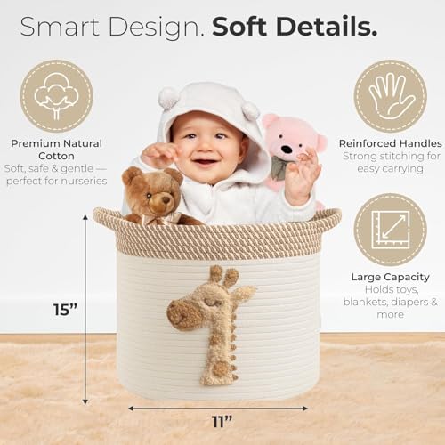 Storage Basket for Nursery， Cotton Rope Bin with Soft Felt Animal Patch Toy Organizer, Baby Laundry Hamper, Diaper & Towel Holder Foldable, Washable Baby Safe（ Giraffes ）