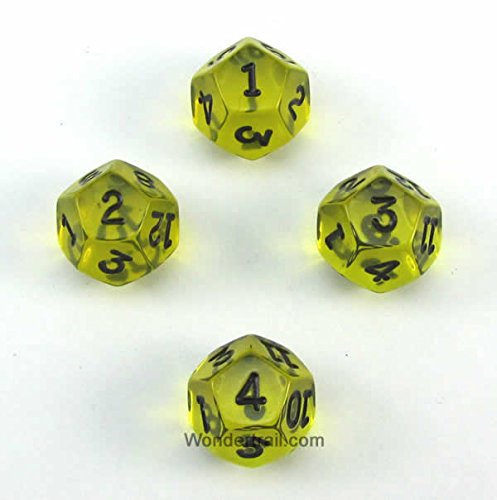 WKP02767E4 Yellow Transparent Dice with Black Numbers D12 16mm (5/8in) Pack of 4 Dice Koplow Games