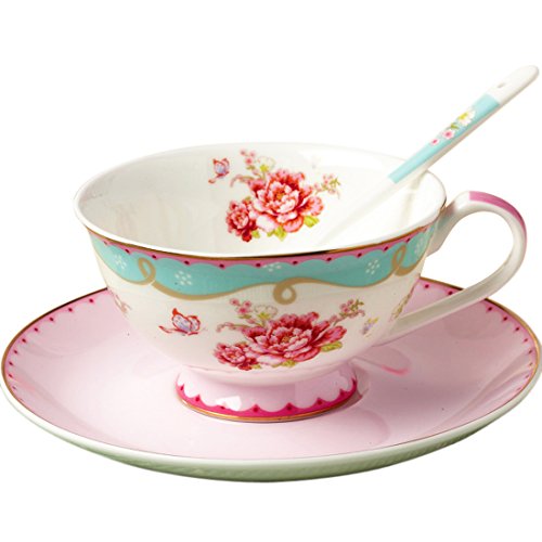 Jusalpha Vintage Rose Bone China Teacup Spoon and Saucer Set TCS03