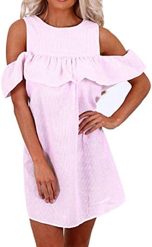 Stcgoo Women's Cold Shoulder Ruffle Striped Butterfly Sleeve Casual Dress -P-S