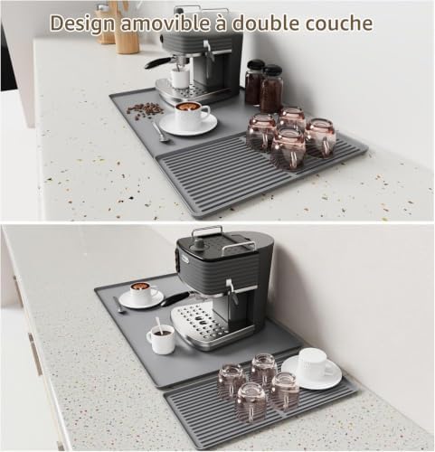 Tapis de Bar en Silicone pour Café- Tapis Anti-Dérapant 2-en-1 pour Séchage et Protection Contre la Chaleur - pour Machines à Café, Égouttoirs et Blenders (Gris-50 * 40cm)