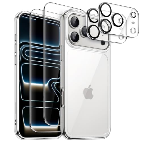 JETech 5 in 1 Case for iPhone 17 Pro 6.3 Inch with 2 Tempered Glass Screen Protectors and 2 Camera Lens Protectors, Anti-Yellow Anti-Shock Case (Transparent)