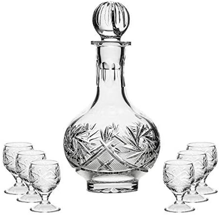 Combination Russian CUT Crystal 12 Oz Carafe/decanter & 6 Crystal Shot Glasses on a short stem