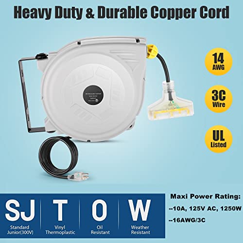 30FT + 9.5FT Retractable Extension Cord Reel, 16 Gauge Power Cord Reel, Ceiling/Wall Mounted Electric Cord Reel with Grounded Triple Tap Outlet + 10A Circuit Breaker + UL Listed